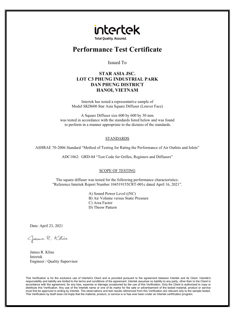 Slot diffuser performances test report